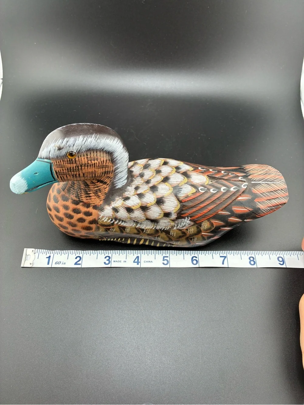 Hand-Painted wood Decorative Duck Figurine in Teal and Brown
